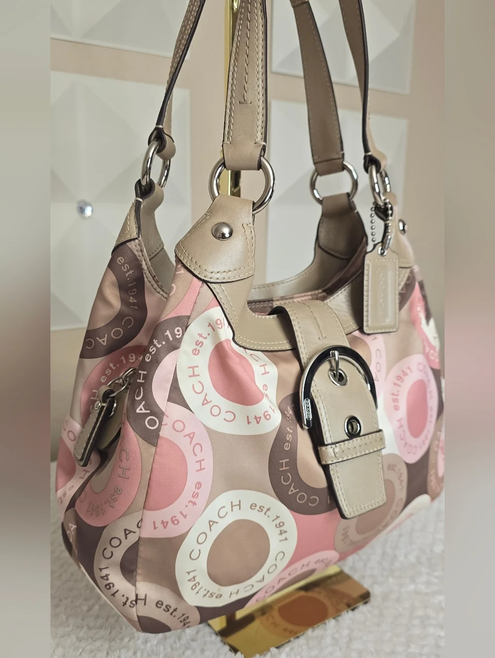 Coach Ashley Signature Circle Print Hobo Bag Pink Tan Canvas Leather Trim - Picture 5 of 12